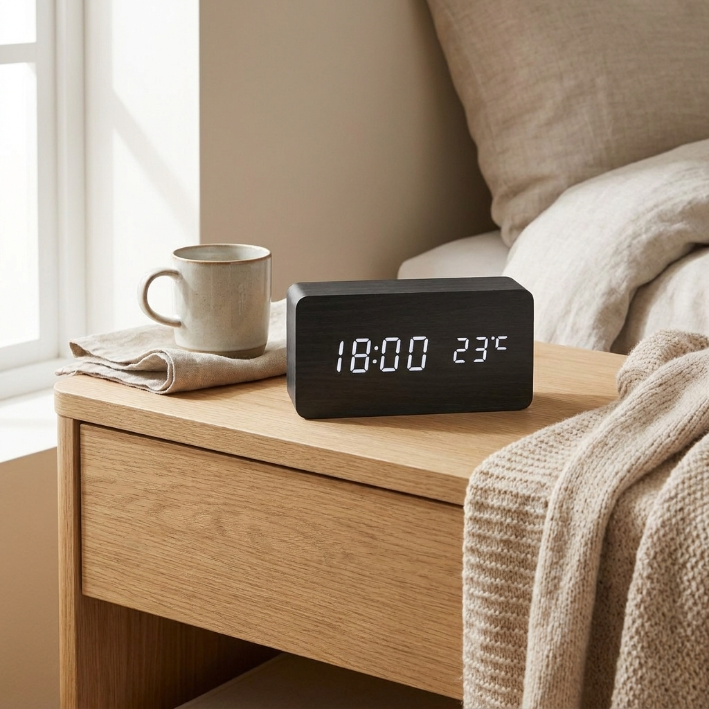 Wooden-style digital alarm clock on a bedside table showing time and temperature