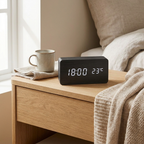 Wooden-style digital alarm clock on a bedside table showing time and temperature