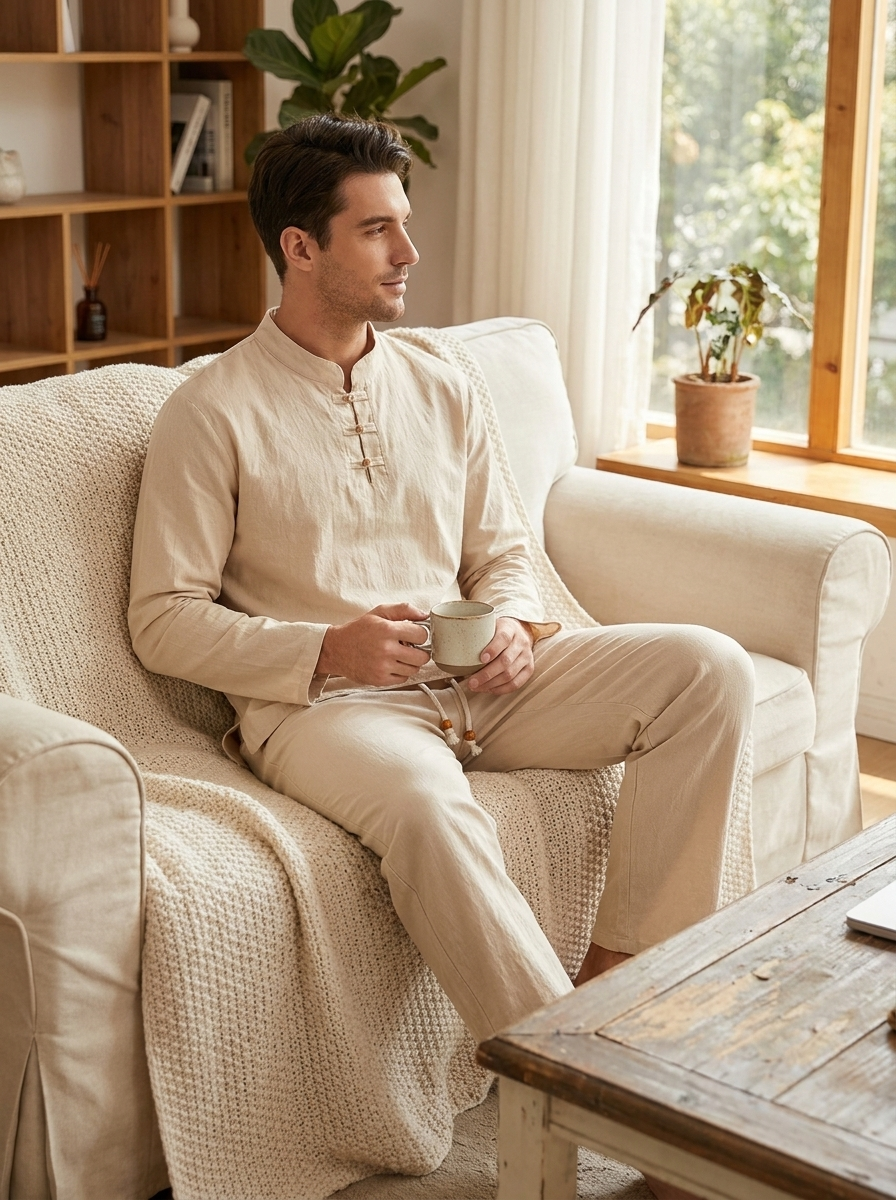 Male model wearing the men's cotton loungewear two-piece set in a cozy home setting