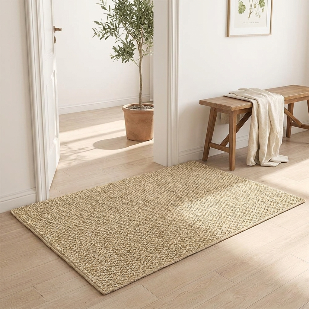 Absorbent non-slip door mat at a home entry doorway