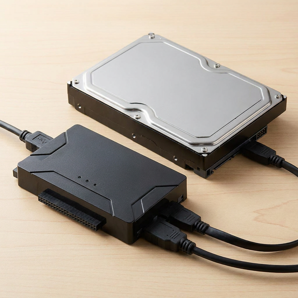 SATA-to-USB drive adapter connected to a hard drive on a desk