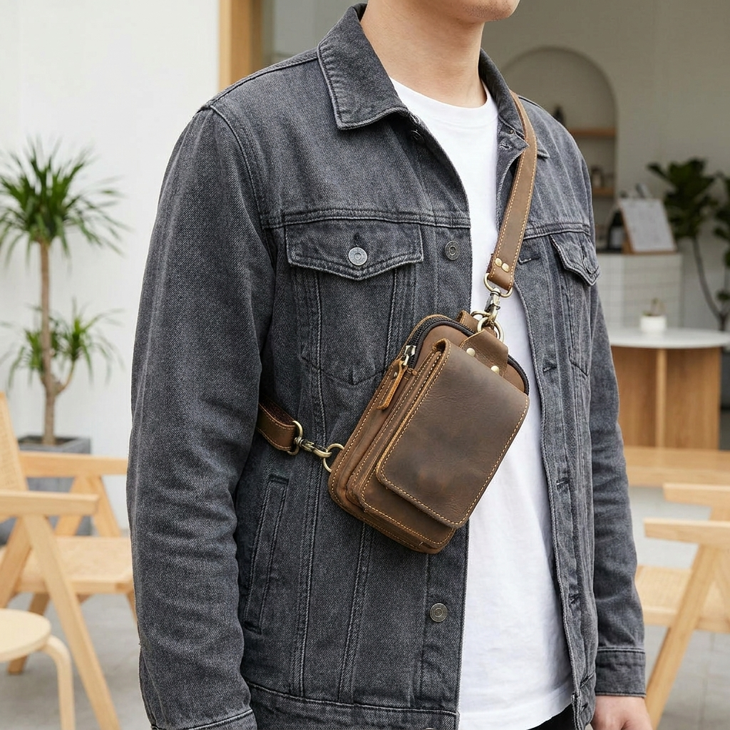 Full-grain leather waist pack worn across the body
