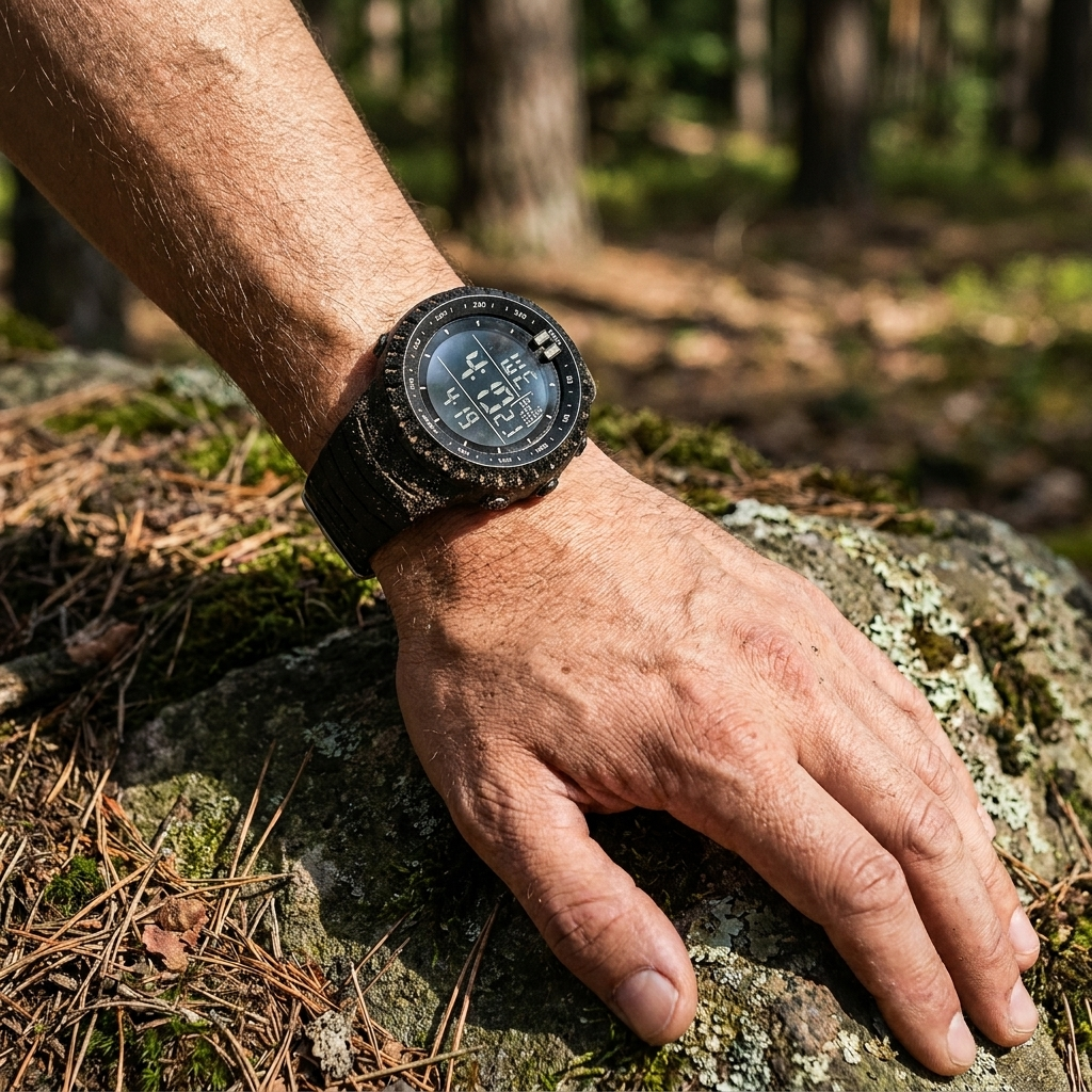 Tactical digital sports watch worn on a wrist in an outdoor setting