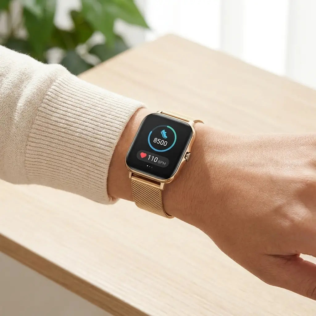 Women's fitness smartwatch worn on the wrist showing a step and heart-rate fitness display