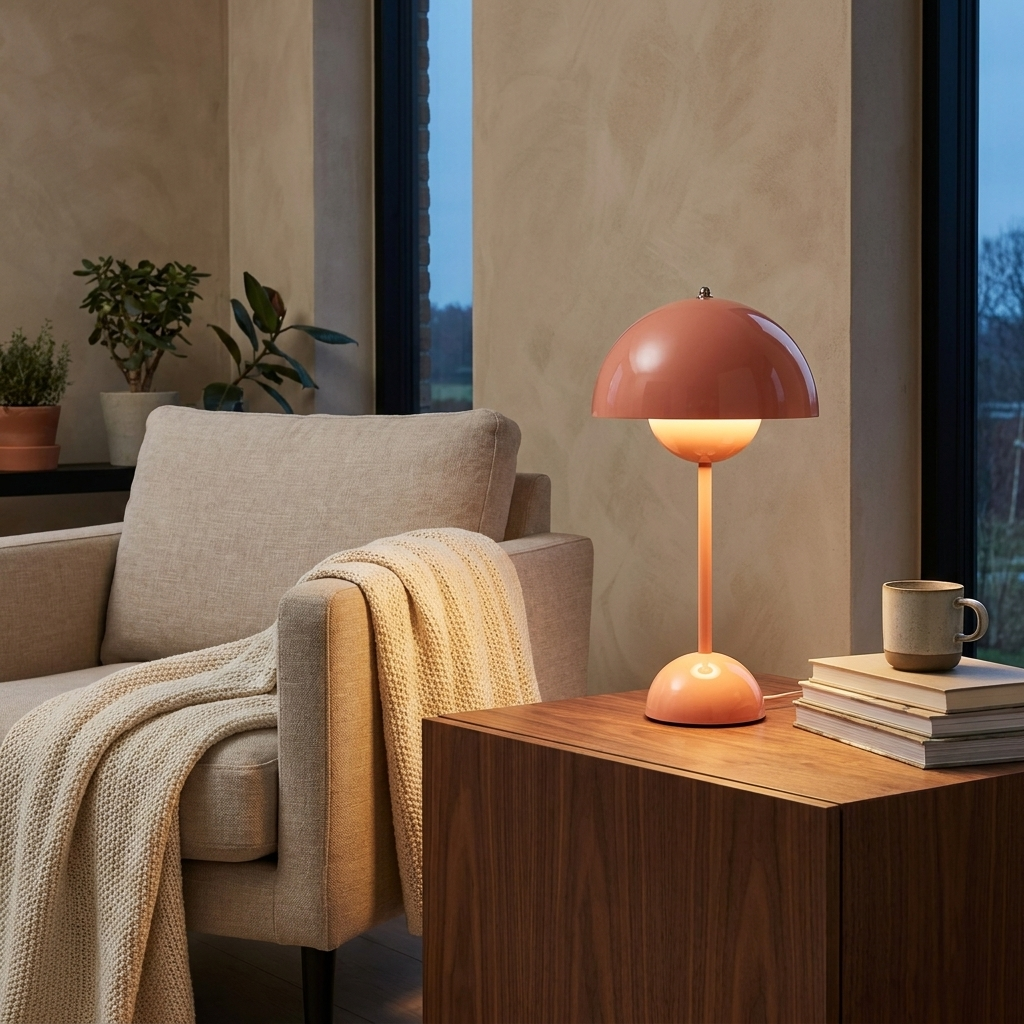 Scandinavian cordless table lamp glowing warmly on a side table in a modern room