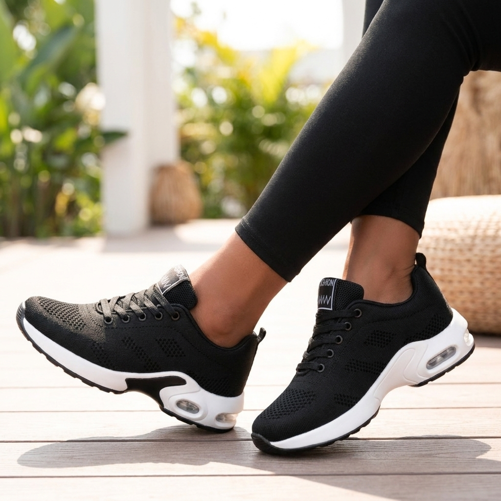 Women's breathable mesh slip-on shoes worn in a bright everyday setting