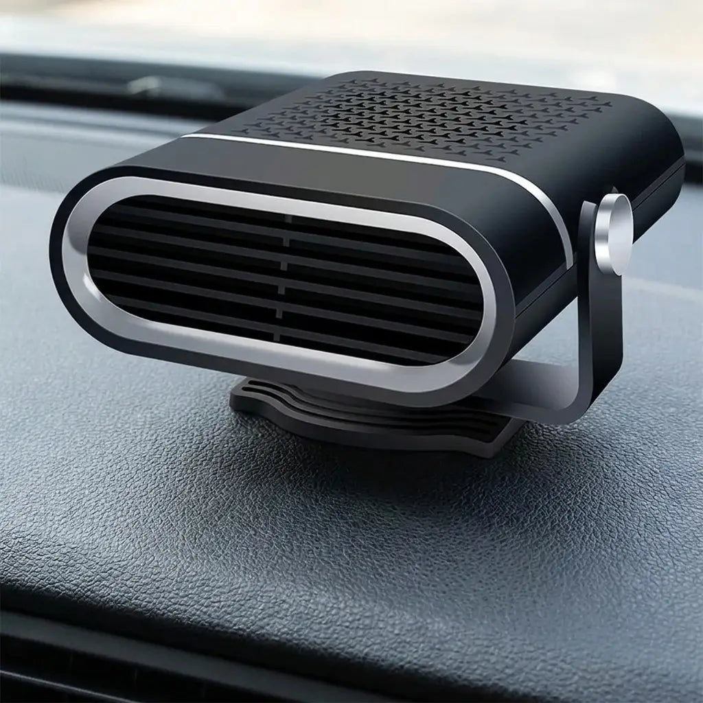 12V portable car heater mounted on a car dashboard