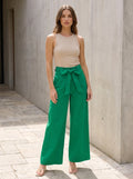 Model wearing Emerald Green Tie-Belt Wide-Leg Cotton Pants