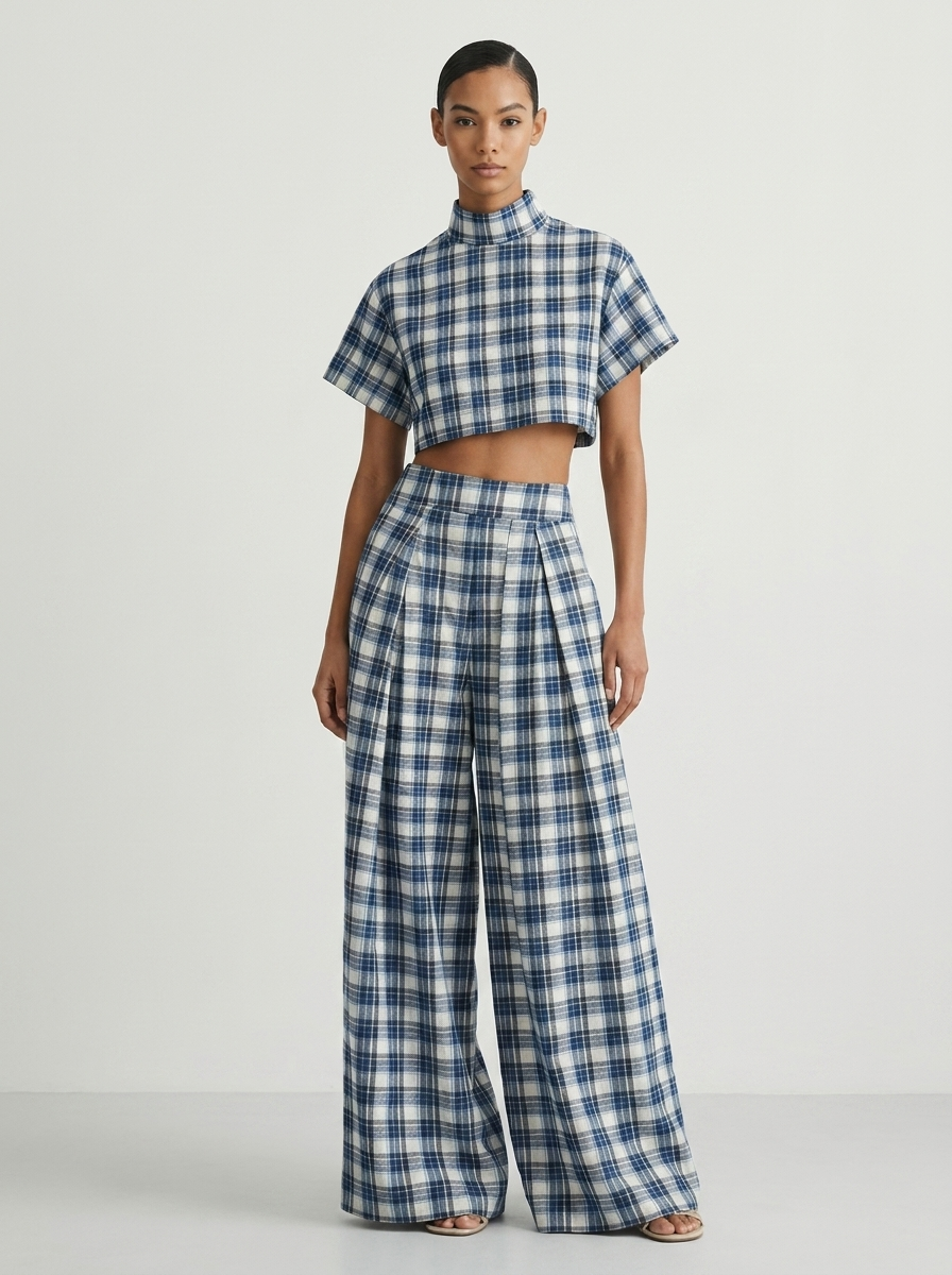 Model wearing blue and white plaid crop top and wide-leg pants set