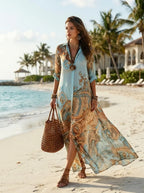 Blue abstract-print maxi shirt dress lifestyle hero