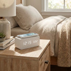 Wooden digital alarm clock with phone wirelessly charging on a bedside table