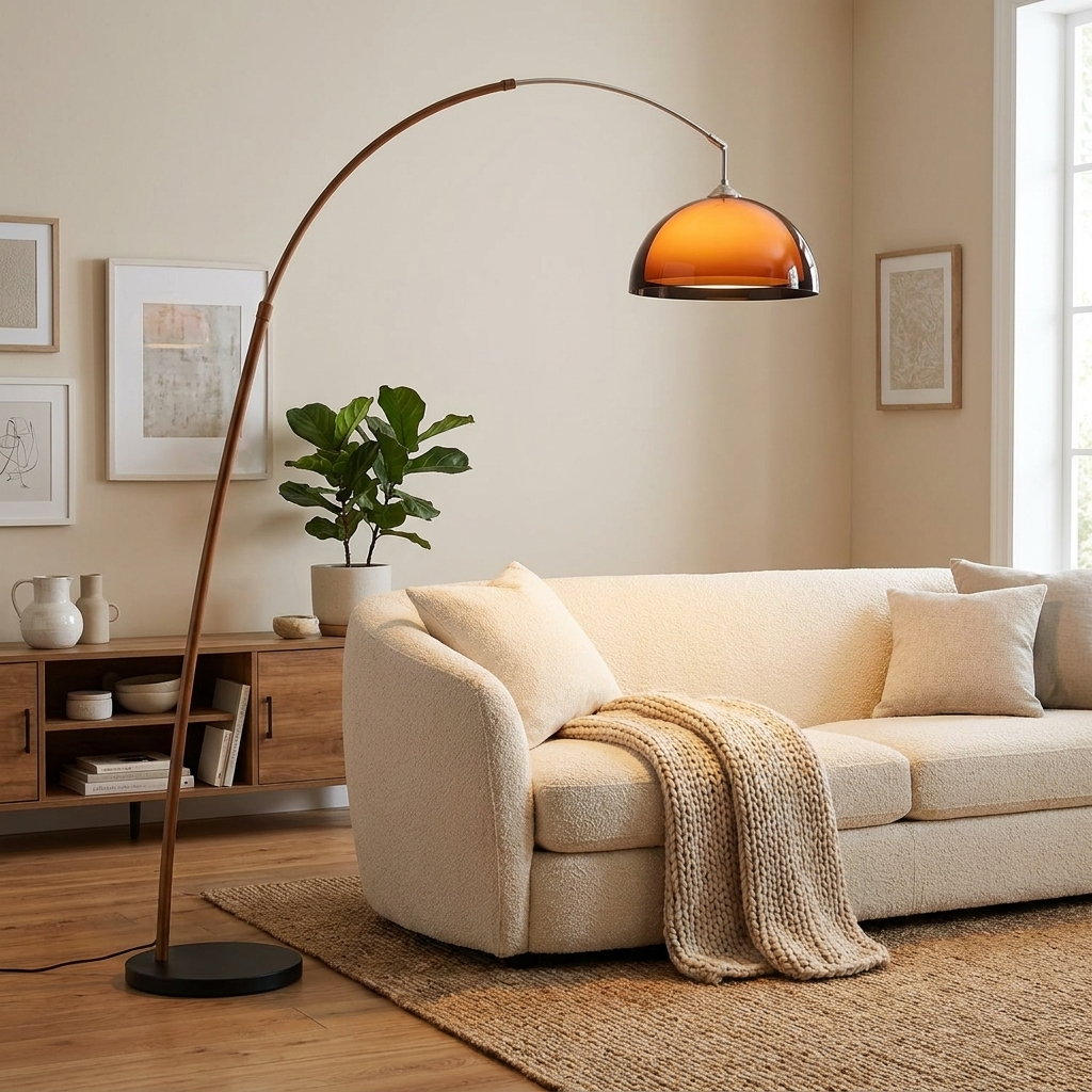 Arc floor lamp with warm dome shade arching over a sofa in a cozy modern living room