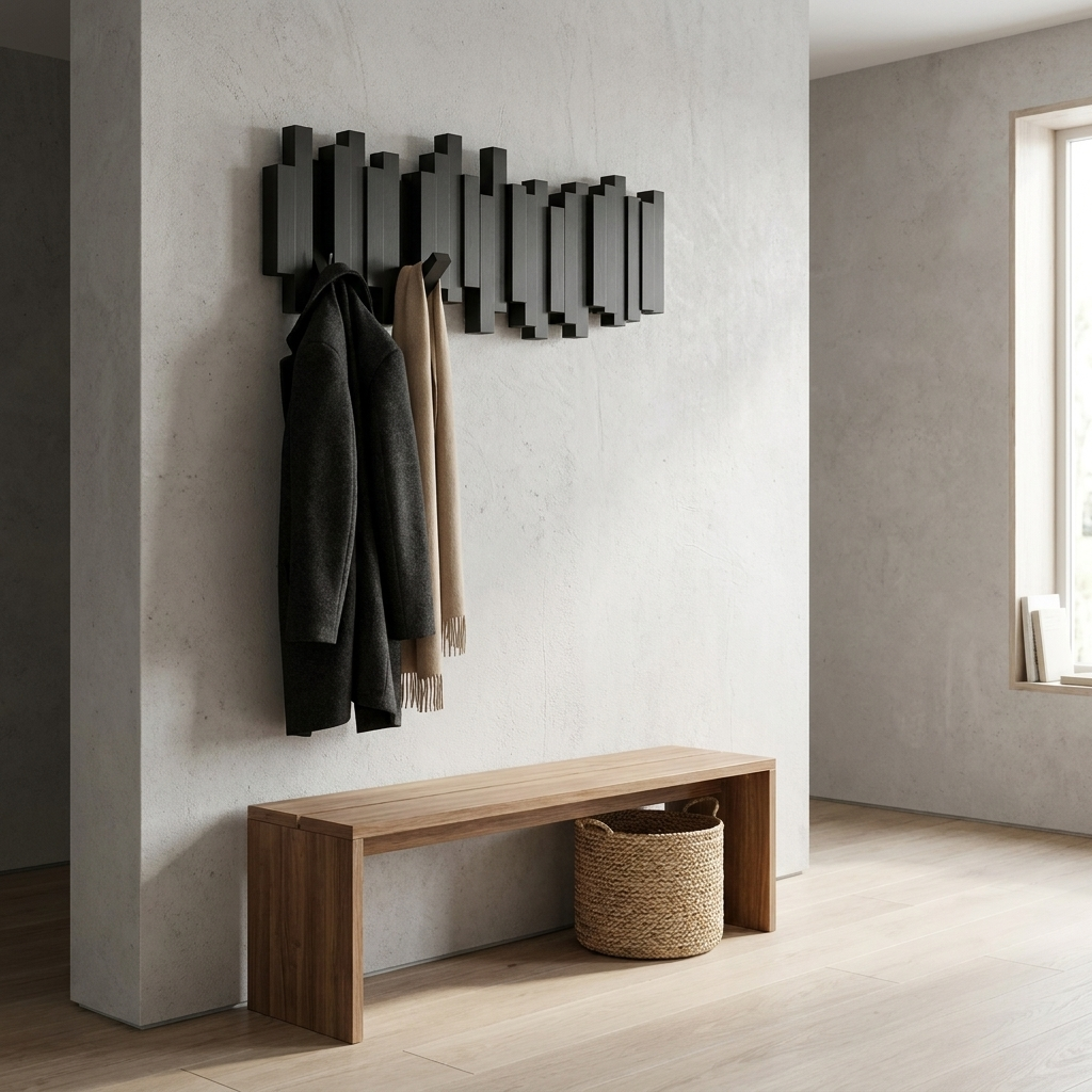 Wood wall coat rack with piano-key foldable hooks mounted in a modern hallway