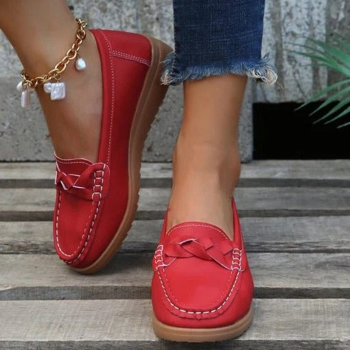 Red women's soft leather slip-on loafers