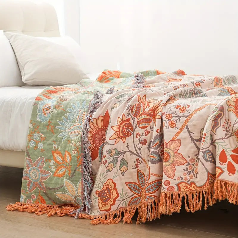 Rustic floral tassel throw blanket