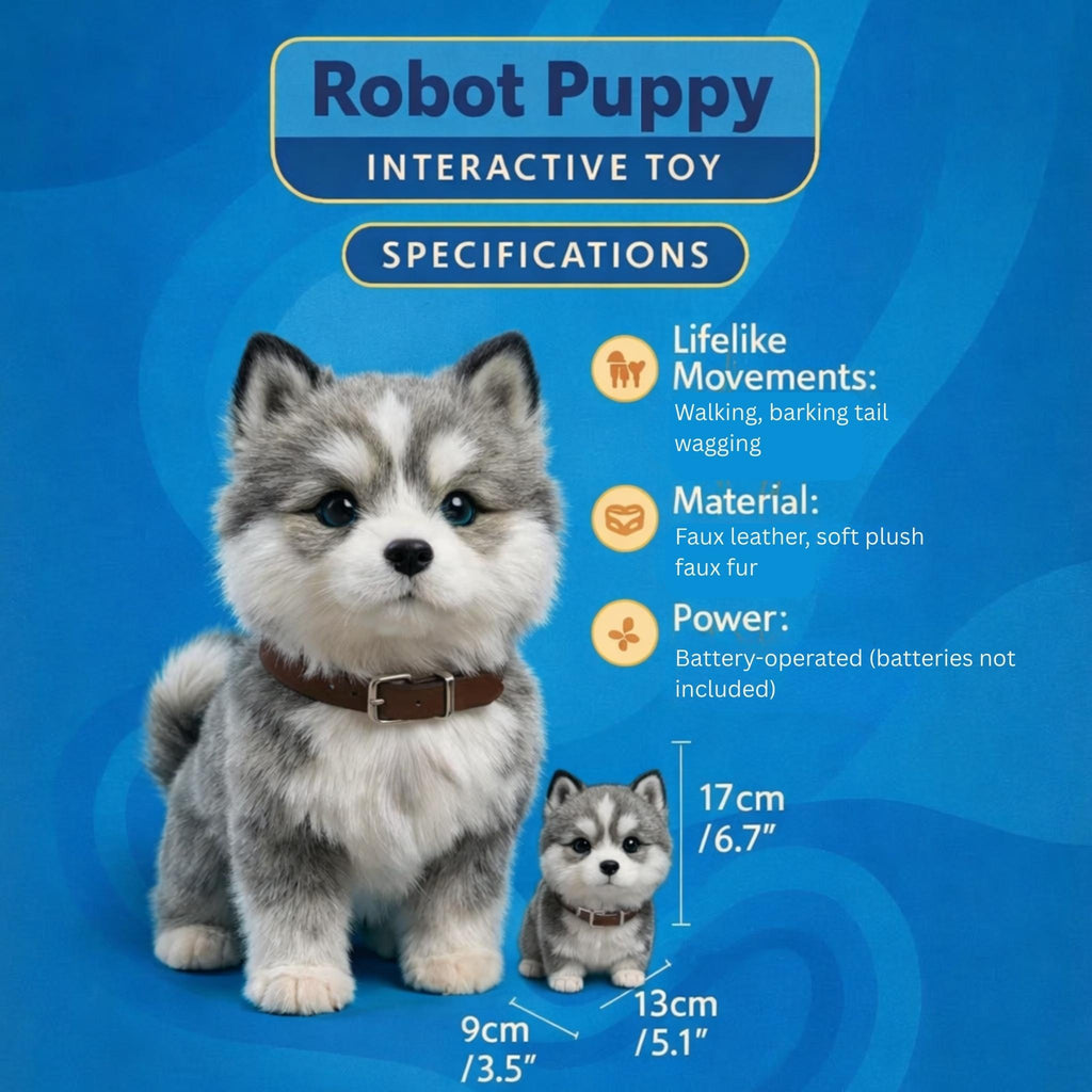 Robot puppy features and dimensions infographic