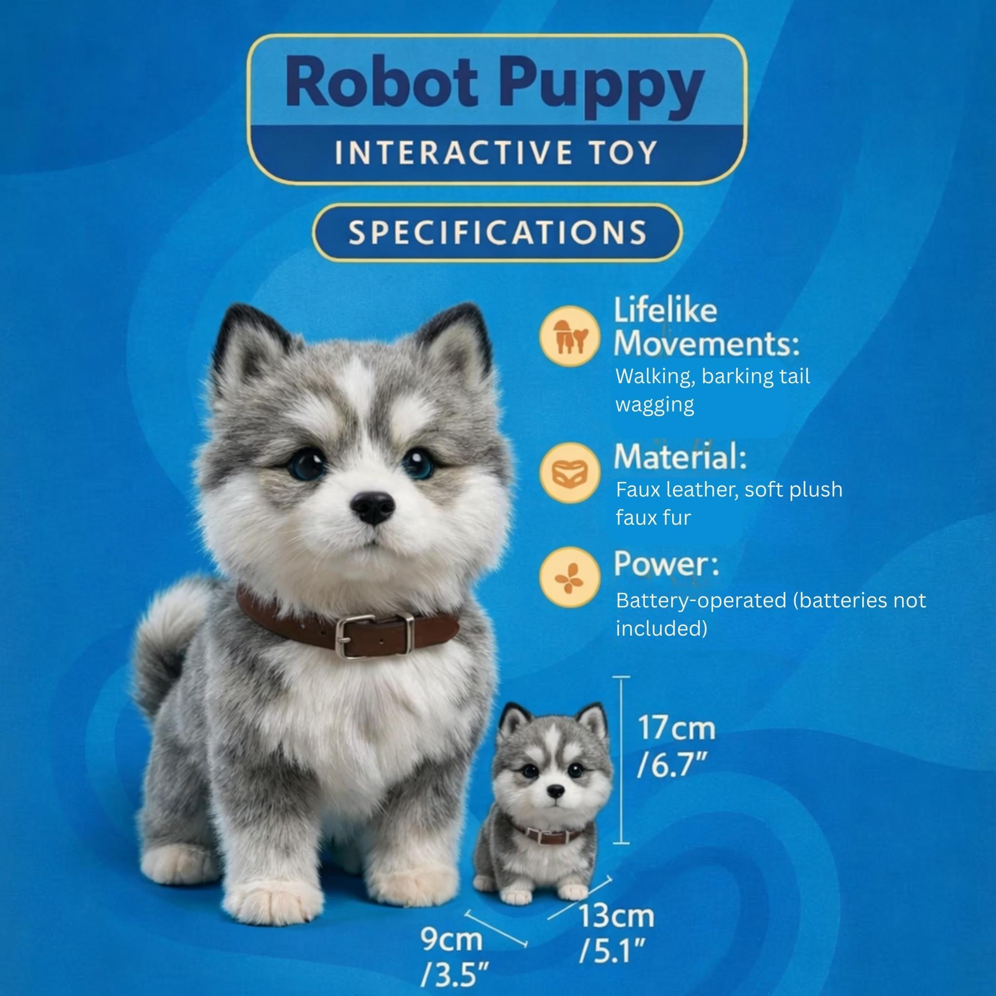 Robot puppy features and dimensions infographic