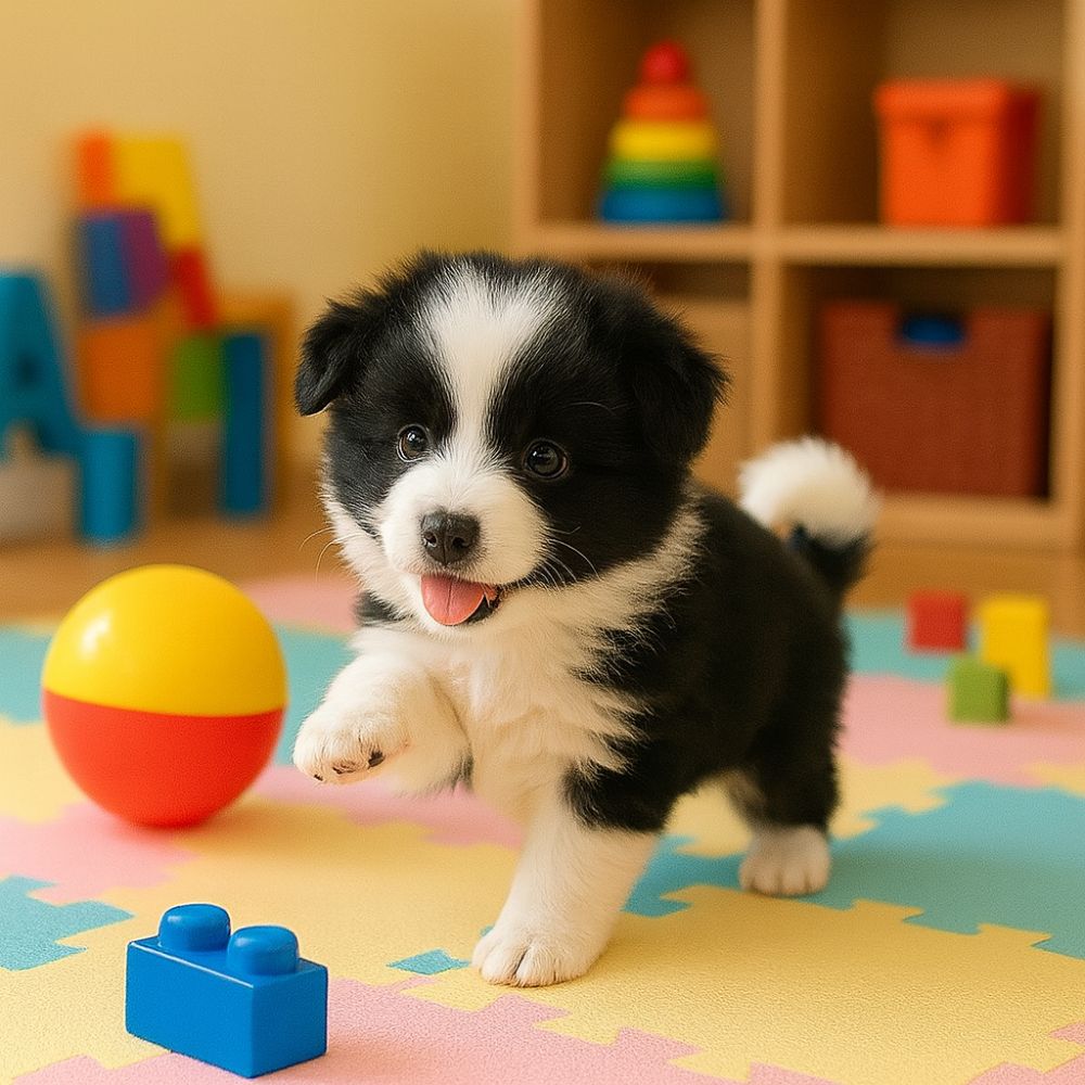 Black and white robot puppy walking with paw raised