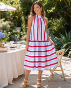 Women's Red & Light Blue Stripe Cotton Halter Tiered Maxi Dress – Made for Fireworks Patriotic Summer Dress