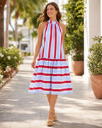Women's Red & Light Blue Stripe Cotton Halter Tiered Maxi Dress – Made for Fireworks Patriotic Summer Dress
