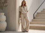 Women's Linen Two-Piece Set – V-Neck Casual Loose Top & Wide Leg...