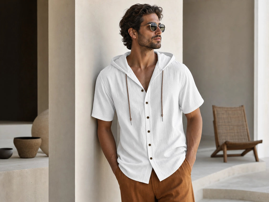 Men's Linen Hooded Short Sleeve Shirt – Loose Fit Lightweight...