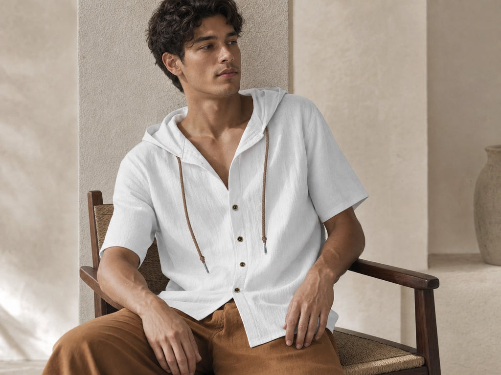Men's Linen Hooded Short Sleeve Shirt – Loose Fit Lightweight...