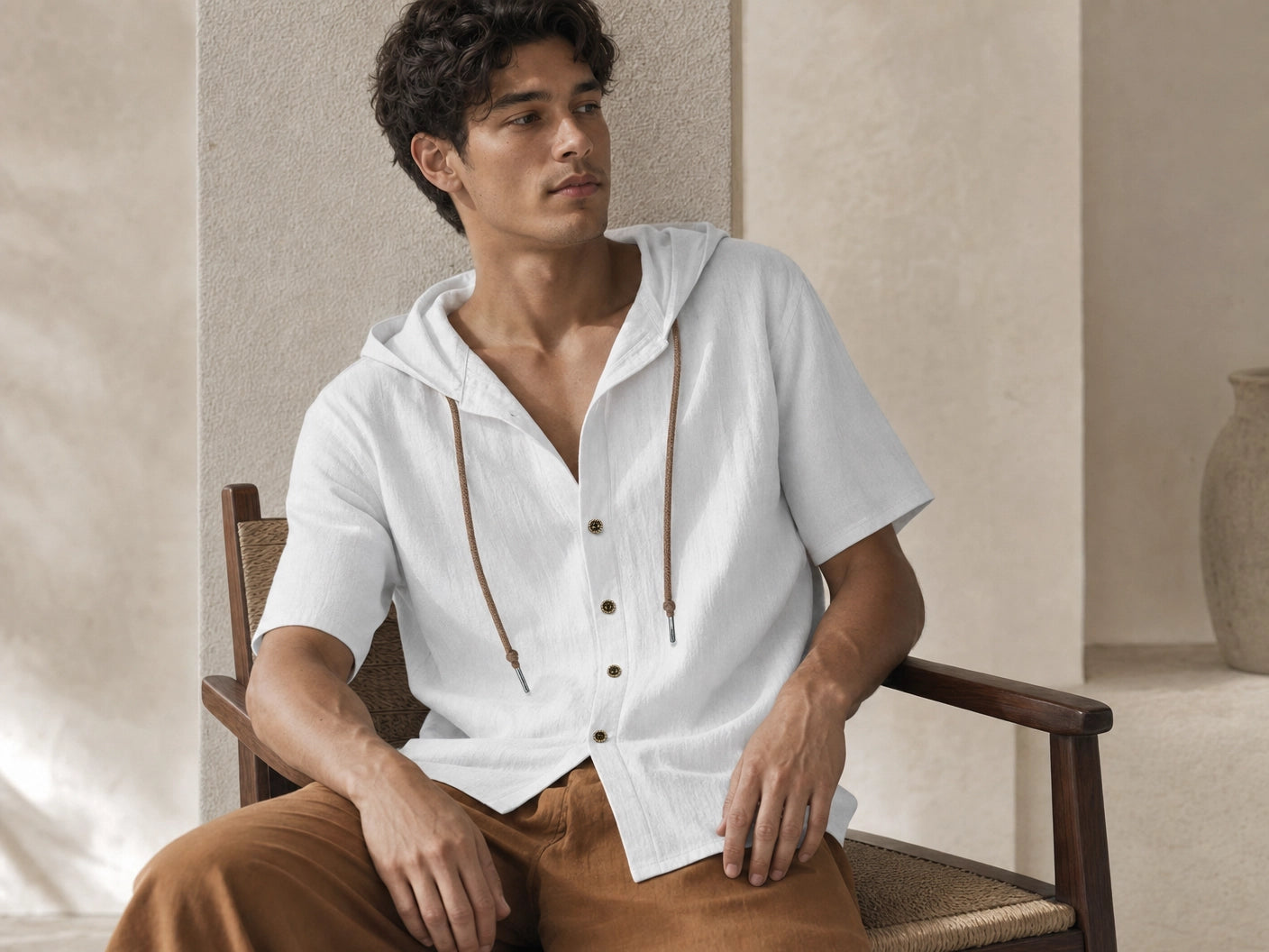 Men's Linen Hooded Short Sleeve Shirt – Loose Fit Lightweight...