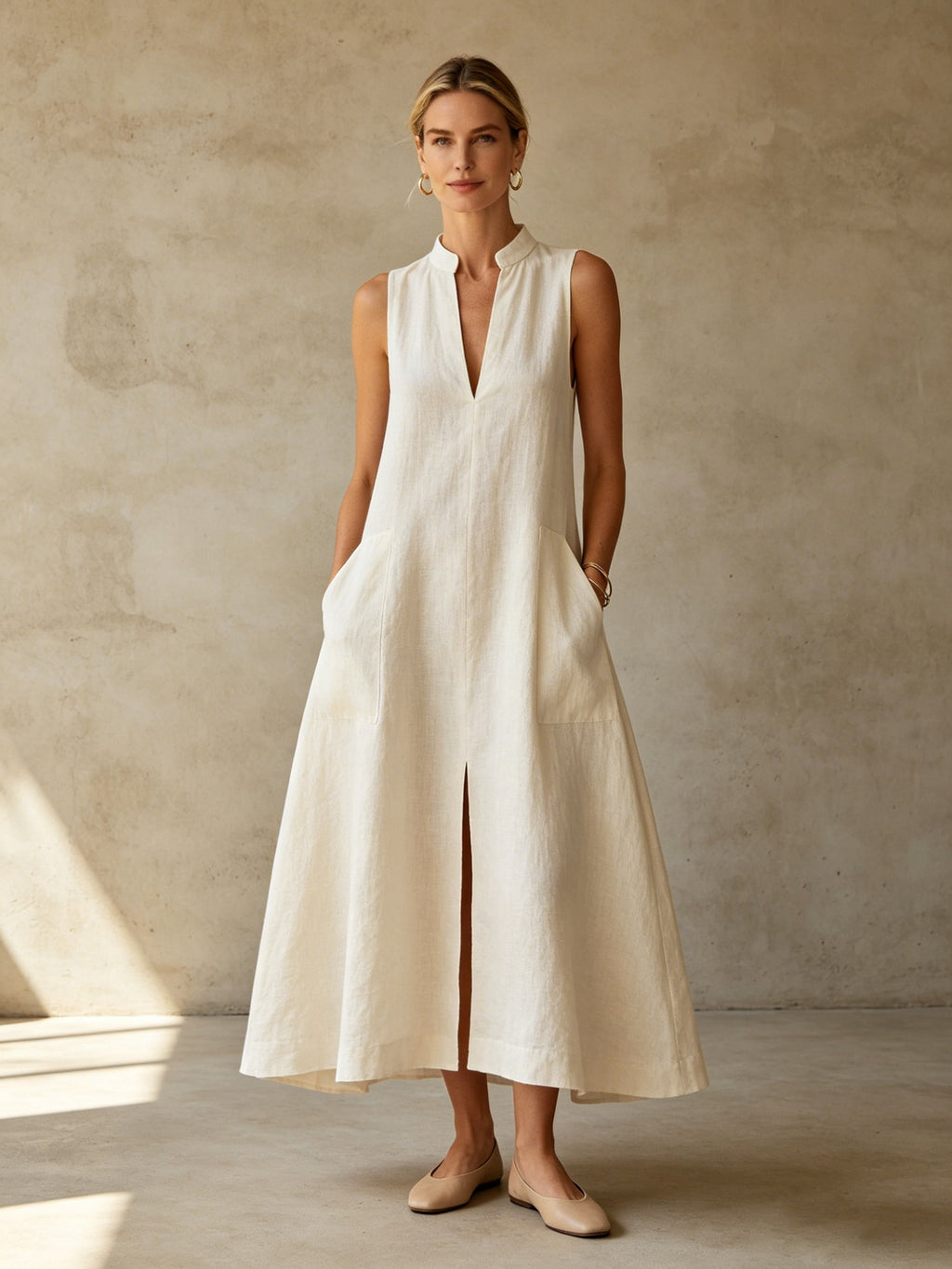 Off-white linen maxi dress side view