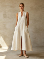 Off-white linen maxi dress side view