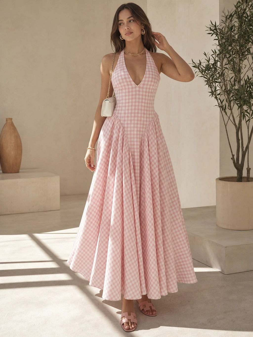 Women's Elegant French Style Pleated Maxi Dress – V-Neck Ruched...