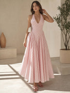 Women's Elegant French Style Pleated Maxi Dress – V-Neck Ruched...