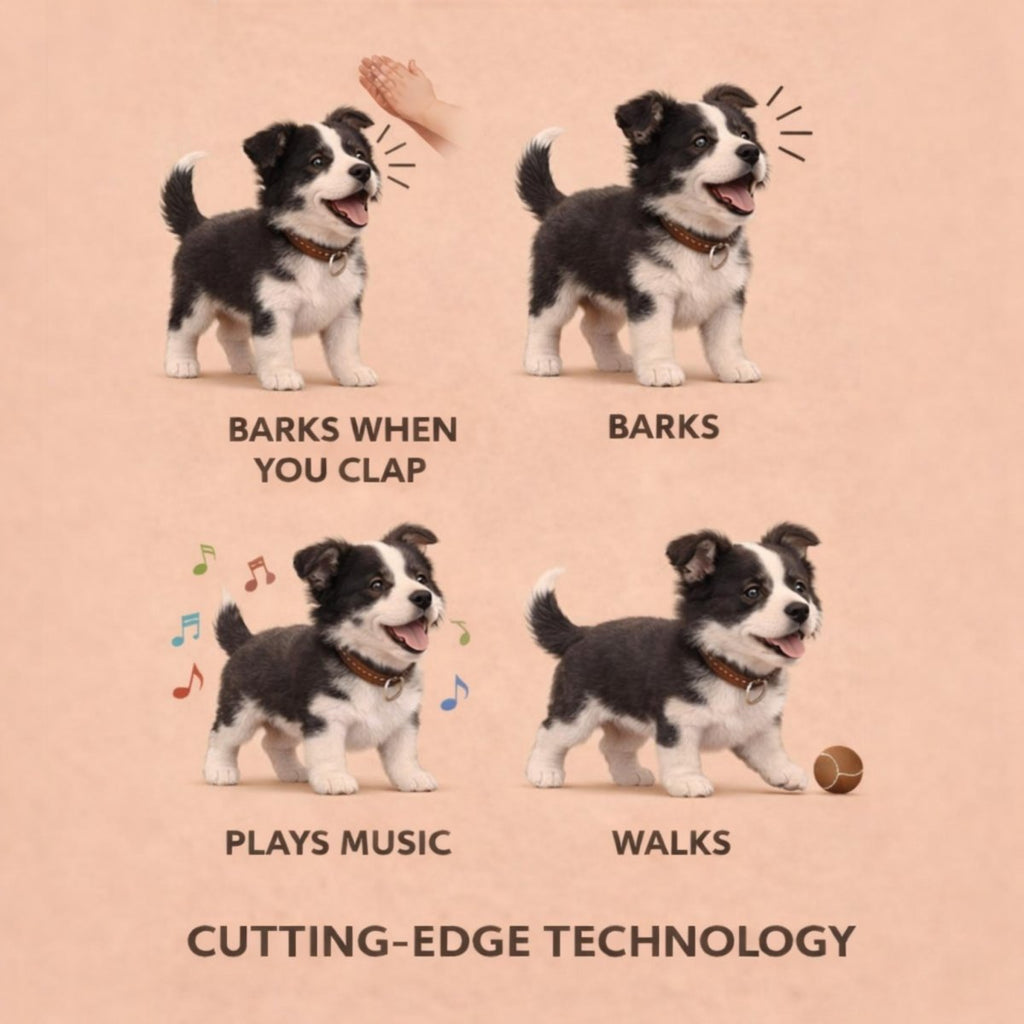 Robot dog functions: barks when clapped, barks, plays music, walks