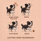 Robot dog functions: barks when clapped, barks, plays music, walks