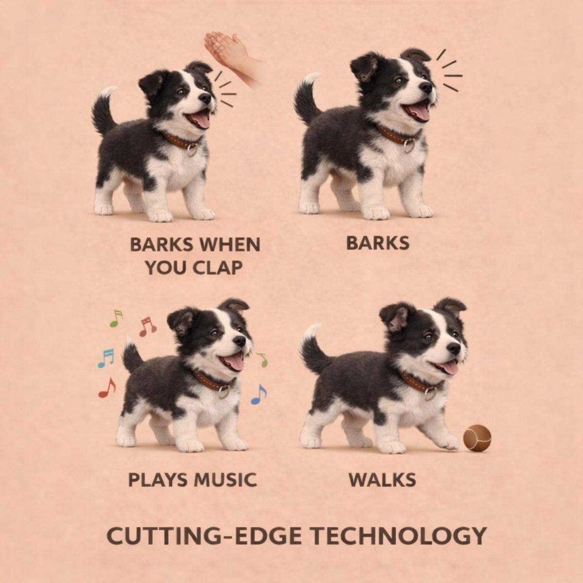 Robot dog functions: barks when clapped, barks, plays music, walks