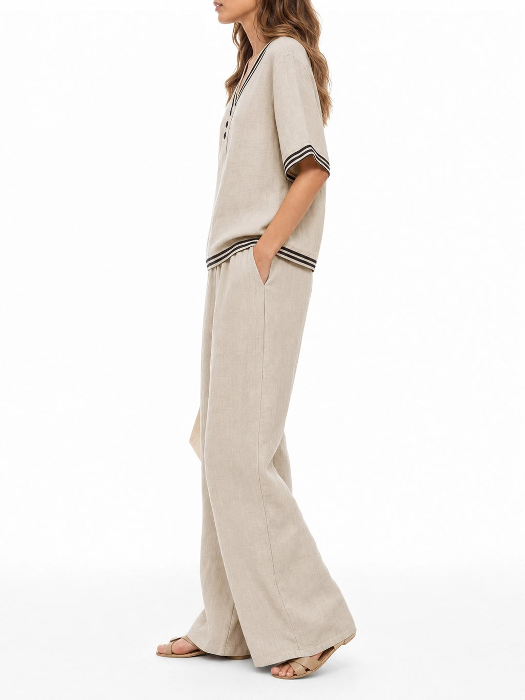 Women's Linen Two-Piece Set – V-Neck Casual Loose Top & Wide Leg...