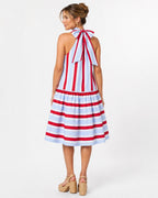 Women's Red & Light Blue Stripe Cotton Halter Tiered Maxi Dress – Made for Fireworks Patriotic Summer Dress