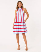 Women's Red & Light Blue Stripe Cotton Halter Tiered Maxi Dress – Made for Fireworks Patriotic Summer Dress