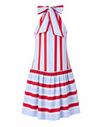 Women's Red & Light Blue Stripe Cotton Halter Tiered Maxi Dress – Made for Fireworks Patriotic Summer Dress