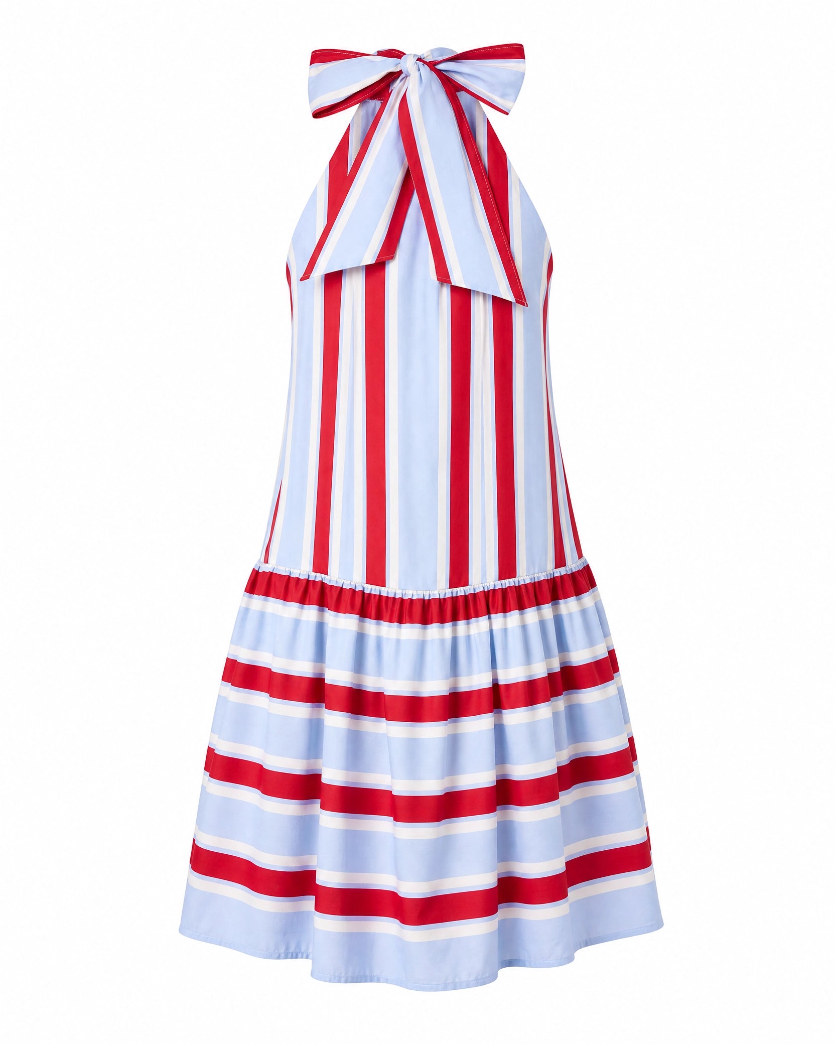 Women's Red & Light Blue Stripe Cotton Halter Tiered Maxi Dress – Made for Fireworks Patriotic Summer Dress