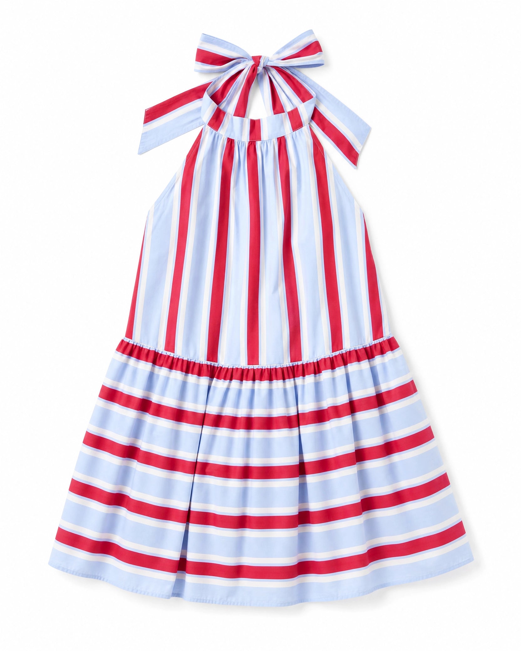Women's Red & Light Blue Stripe Cotton Halter Tiered Maxi Dress – Made for Fireworks Patriotic Summer Dress