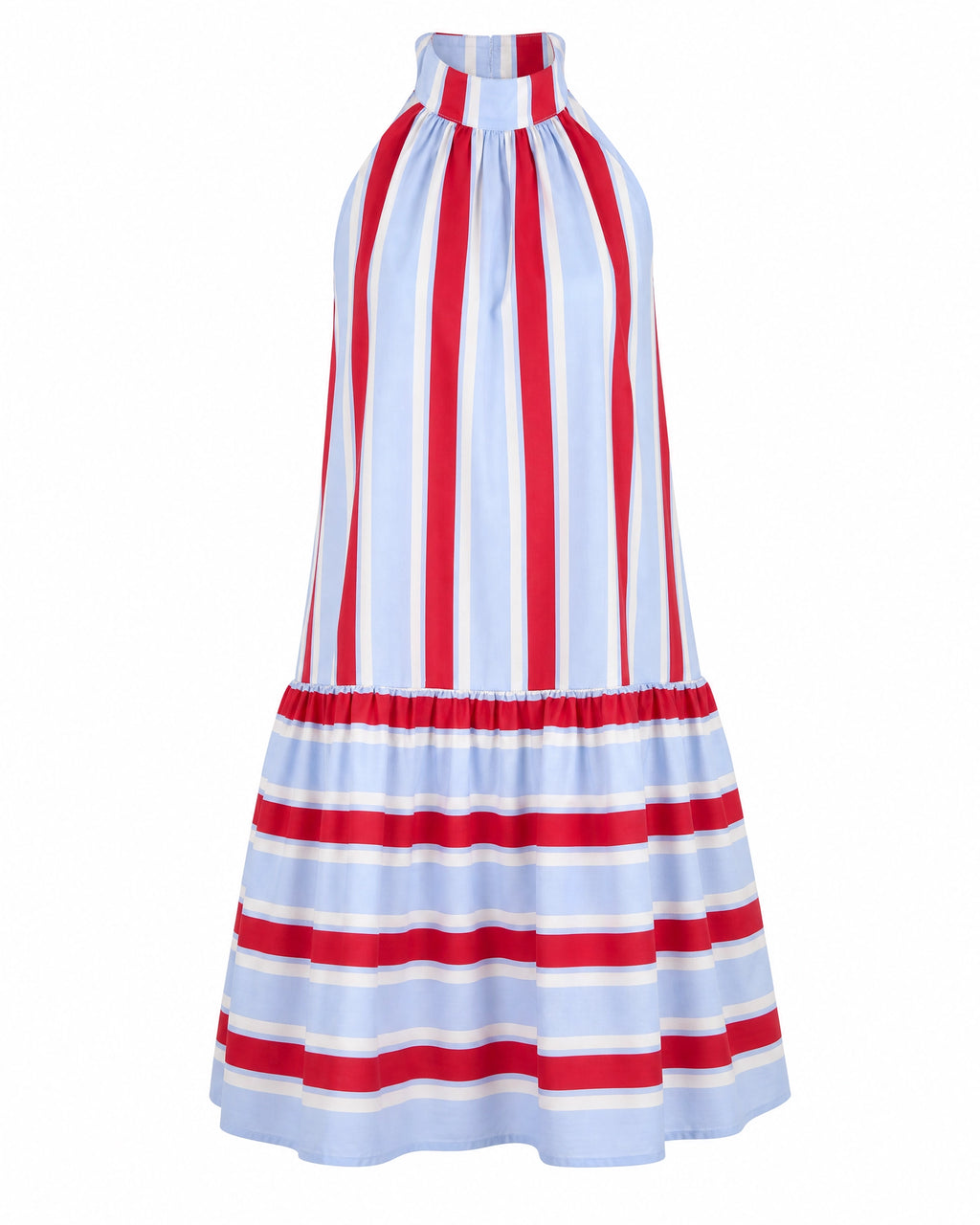 Women's Red & Light Blue Stripe Cotton Halter Tiered Maxi Dress – Made for Fireworks Patriotic Summer Dress