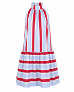 Women's Red & Light Blue Stripe Cotton Halter Tiered Maxi Dress – Made for Fireworks Patriotic Summer Dress