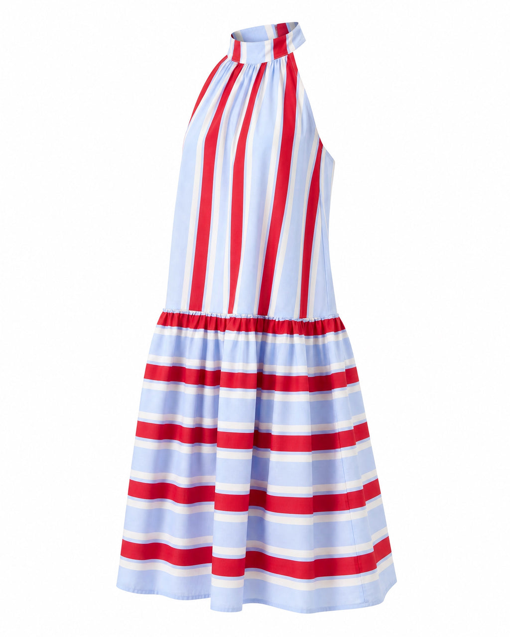 Women's Red & Light Blue Stripe Cotton Halter Tiered Maxi Dress – Made for Fireworks Patriotic Summer Dress