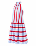 Women's Red & Light Blue Stripe Cotton Halter Tiered Maxi Dress – Made for Fireworks Patriotic Summer Dress