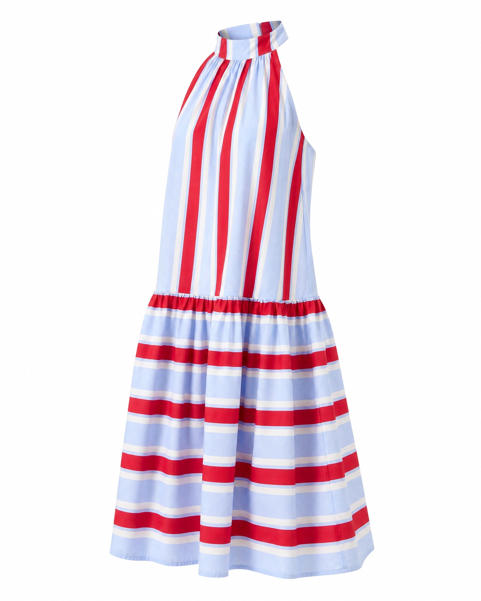 Women's Red & Light Blue Stripe Cotton Halter Tiered Maxi Dress – Made for Fireworks Patriotic Summer Dress