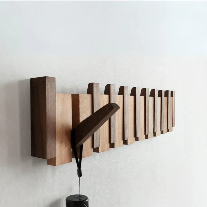 Wooden piano-shaped coat rack in walnut and beech wood
