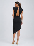 Black sleeveless asymmetric midi dress with a deep V-back and padded shoulders.