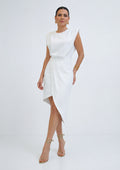 White sleeveless asymmetric polyester dress with padded shoulders and tulip hem.
