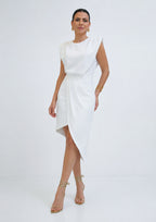 White sleeveless asymmetric polyester dress with padded shoulders and tulip hem.